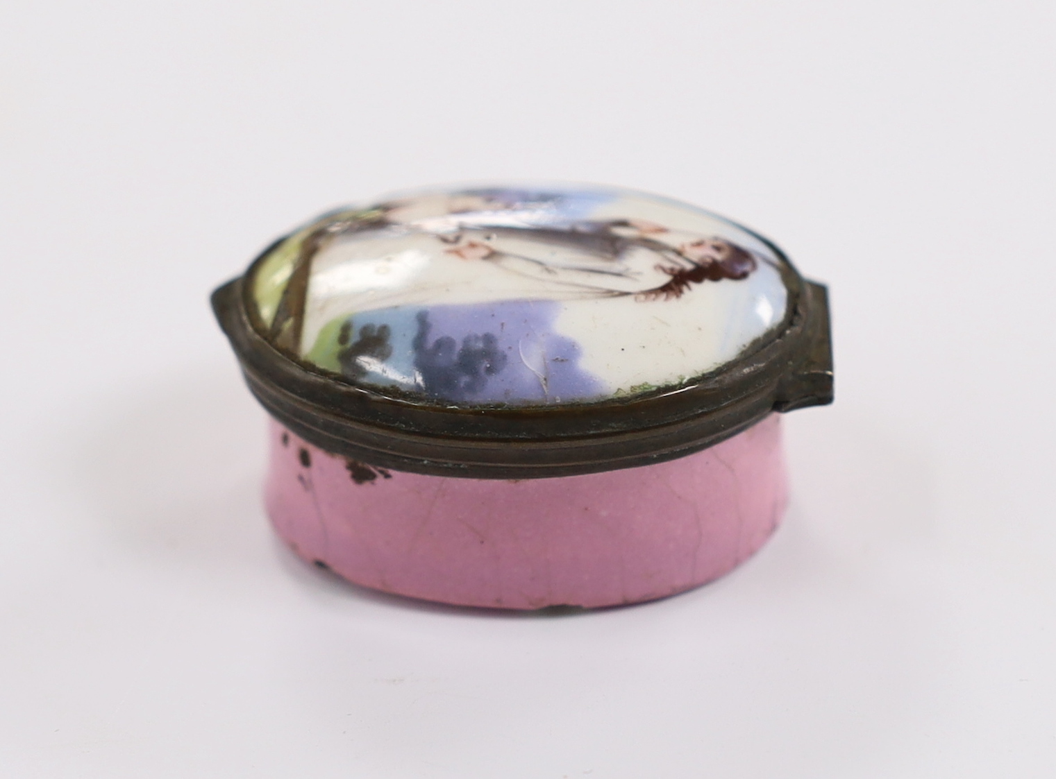 A late 18th / early 19th century South Staffordshire enamel box of a shepherdess and sheep, 5cm deep